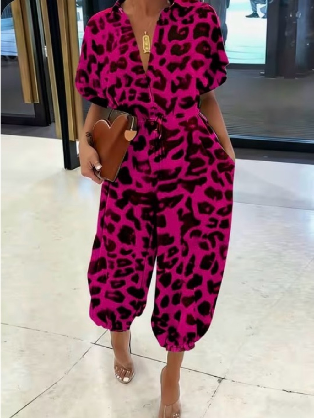 Women's Hot Pink Leopard Print Jumpsuit Bubble Pants w/ Belt